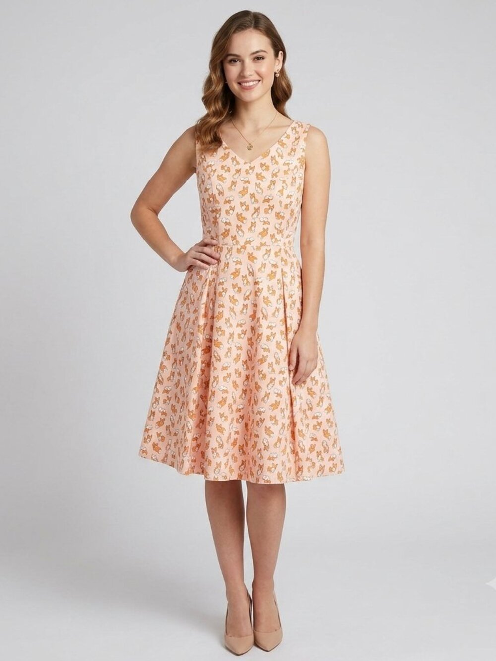 Eva Rose Peach Dog Corgi Print Fit & Flare Dress Size L
